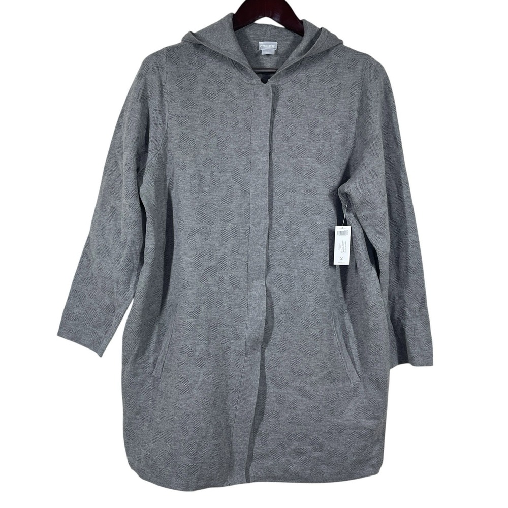 NWT Chicos Hooded Cardigan Sweater Womens Large/2 Gray Tonal Coatigan